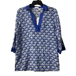 NWT Sigrid Olsen Womens Blue 3/4 Sleeve Linen Top Blouse Shirt Size Medium